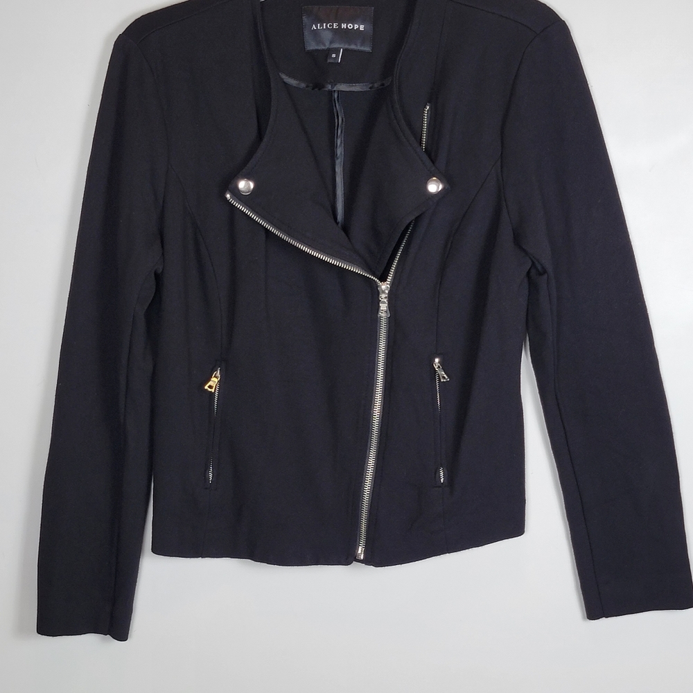 Alice Hope Black Knit Asymmetrical Zipper Jacket, EUC, size Small